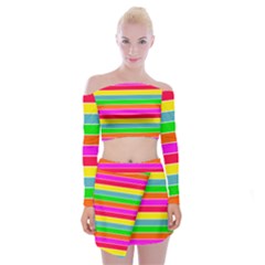 Neon Hawaiian Rainbow Horizontal Deck Chair Stripes Off Shoulder Top With Mini Skirt Set by PodArtist