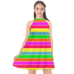 Neon Hawaiian Rainbow Horizontal Deck Chair Stripes Halter Neckline Chiffon Dress  by PodArtist