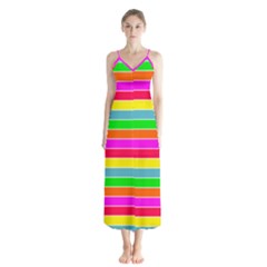 Neon Hawaiian Rainbow Horizontal Deck Chair Stripes Button Up Chiffon Maxi Dress