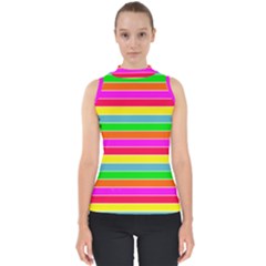 Neon Hawaiian Rainbow Horizontal Deck Chair Stripes Mock Neck Shell Top by PodArtist