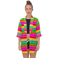 Neon Hawaiian Rainbow Horizontal Deck Chair Stripes Open Front Chiffon Kimono