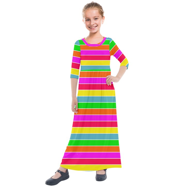 Neon Hawaiian Rainbow Horizontal Deck Chair Stripes Kids  Quarter Sleeve Maxi Dress