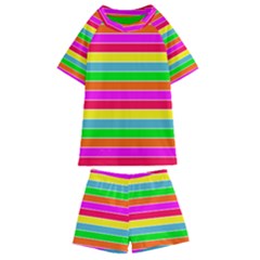 Neon Hawaiian Rainbow Horizontal Deck Chair Stripes Kids  Swim Tee And Shorts Set