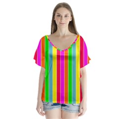 Neon Hawaiian Rainbow Deck Chair Stripes V-neck Flutter Sleeve Top by PodArtist