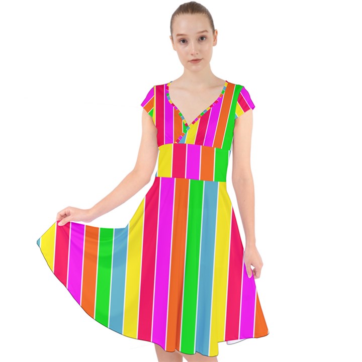 Neon Hawaiian Rainbow Deck Chair Stripes Cap Sleeve Front Wrap Midi Dress