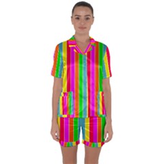 Neon Hawaiian Rainbow Deck Chair Stripes Satin Short Sleeve Pyjamas Set by PodArtist