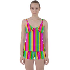 Neon Hawaiian Rainbow Deck Chair Stripes Tie Front Two Piece Tankini by PodArtist