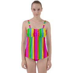 Neon Hawaiian Rainbow Deck Chair Stripes Twist Front Tankini Set by PodArtist