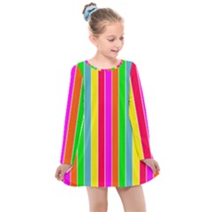 Neon Hawaiian Rainbow Deck Chair Stripes Kids  Long Sleeve Dress by PodArtist