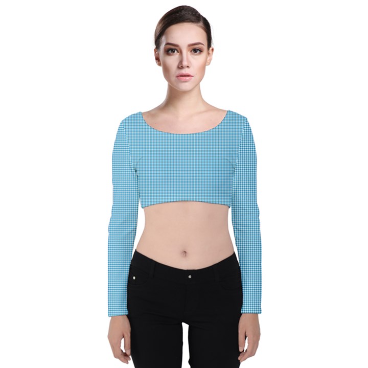 Oktoberfest Bavarian Blue Mini Houndstooth Check Velvet Long Sleeve Crop Top