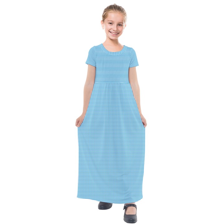 Oktoberfest Bavarian Blue Mini Houndstooth Check Kids  Short Sleeve Maxi Dress