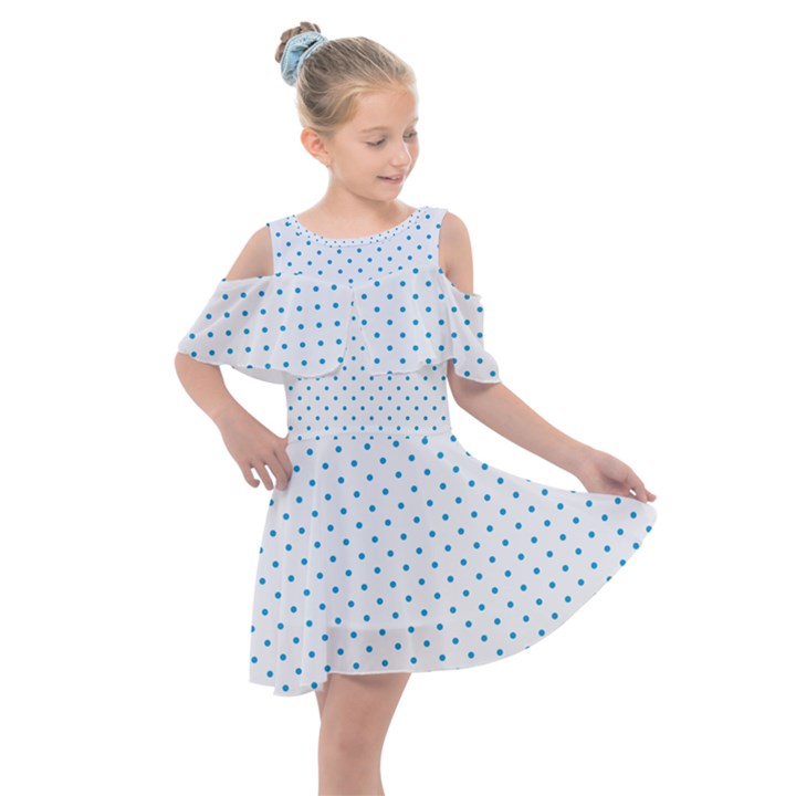 Mini Oktoberfest Bavarian Blue Polkadots on White Kids  Shoulder Cutout Chiffon Dress