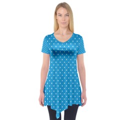 Mini White Polkadots On Oktoberfest Bavarian Blue Short Sleeve Tunic  by PodArtist