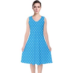 Mini White Polkadots On Oktoberfest Bavarian Blue V-neck Midi Sleeveless Dress 