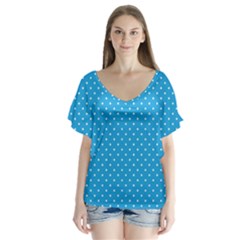 Mini White Polkadots On Oktoberfest Bavarian Blue V-neck Flutter Sleeve Top by PodArtist