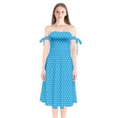 Mini White Polkadots On Oktoberfest Bavarian Blue Shoulder Tie Bardot Midi Dress by PodArtist