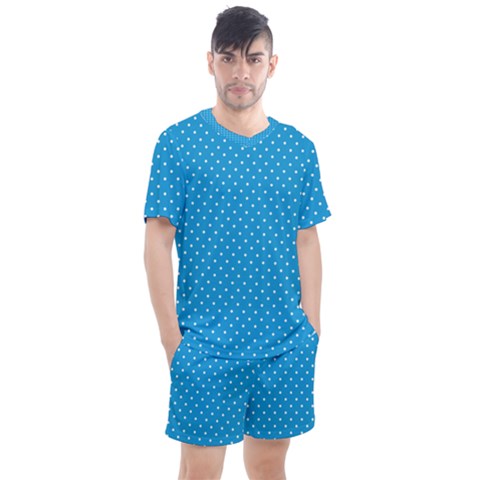 Mini White Polkadots On Oktoberfest Bavarian Blue Men s Mesh Tee And Shorts Set by PodArtist