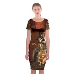 Funny Steampunk Skeleton, Clocks And Gears Classic Short Sleeve Midi Dress by FantasyWorld7