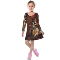 Funny Steampunk Skeleton, Clocks And Gears Kids  Long Sleeve Velvet Dress by FantasyWorld7