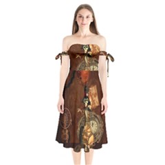 Funny Steampunk Skeleton, Clocks And Gears Shoulder Tie Bardot Midi Dress