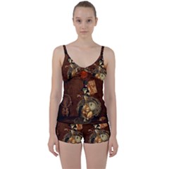 Funny Steampunk Skeleton, Clocks And Gears Tie Front Two Piece Tankini by FantasyWorld7