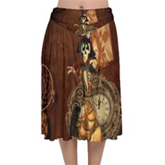 Funny Steampunk Skeleton, Clocks And Gears Velvet Flared Midi Skirt by FantasyWorld7