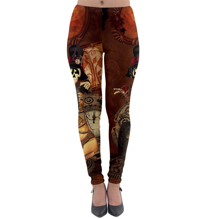 Funny Steampunk Skeleton, Clocks And Gears Lightweight Velour Leggings