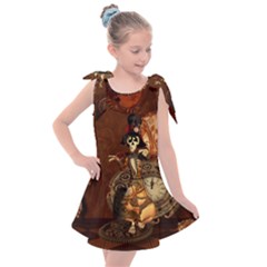 Funny Steampunk Skeleton, Clocks And Gears Kids  Tie Up Tunic Dress