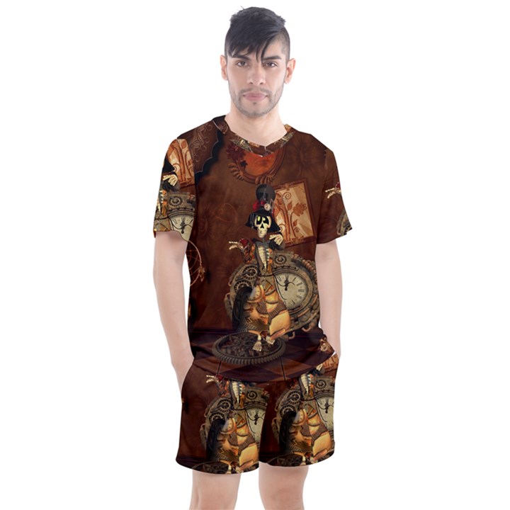 Funny Steampunk Skeleton, Clocks And Gears Men s Mesh Tee and Shorts Set