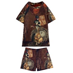 Funny Steampunk Skeleton, Clocks And Gears Kids  Swim Tee And Shorts Set by FantasyWorld7