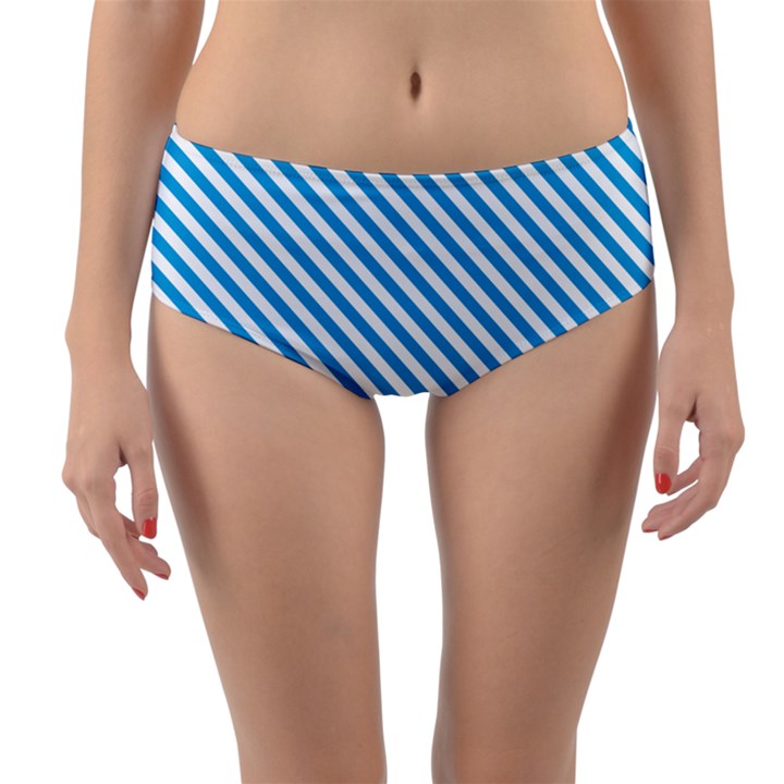 Oktoberfest Bavarian Blue and White Small Candy Cane Stripes Reversible Mid-Waist Bikini Bottoms