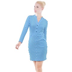 Oktoberfest Bavarian Blue And White Small Candy Cane Stripes Button Long Sleeve Dress