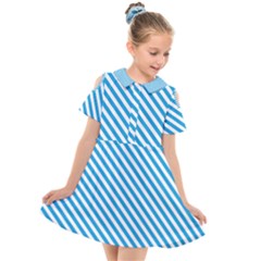 Oktoberfest Bavarian Blue And White Small Candy Cane Stripes Kids  Short Sleeve Shirt Dress by PodArtist