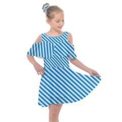 Oktoberfest Bavarian Blue And White Small Candy Cane Stripes Kids  Shoulder Cutout Chiffon Dress by PodArtist