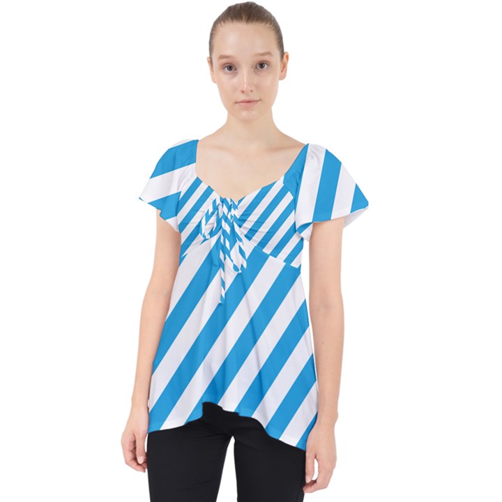 Oktoberfest Bavarian Blue and White Candy Cane Stripes Lace Front Dolly Top