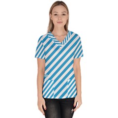 Oktoberfest Bavarian Blue And White Candy Cane Stripes Women s V-neck Scrub Top by PodArtist