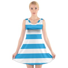 Oktoberfest Bavarian Blue And White Large Cabana Stripes V-neck Sleeveless Dress