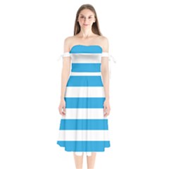 Oktoberfest Bavarian Blue And White Large Cabana Stripes Shoulder Tie Bardot Midi Dress by PodArtist