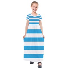 Oktoberfest Bavarian Blue And White Large Cabana Stripes Kids  Short Sleeve Maxi Dress by PodArtist