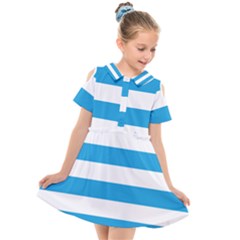 Oktoberfest Bavarian Blue And White Large Cabana Stripes Kids  Short Sleeve Shirt Dress by PodArtist