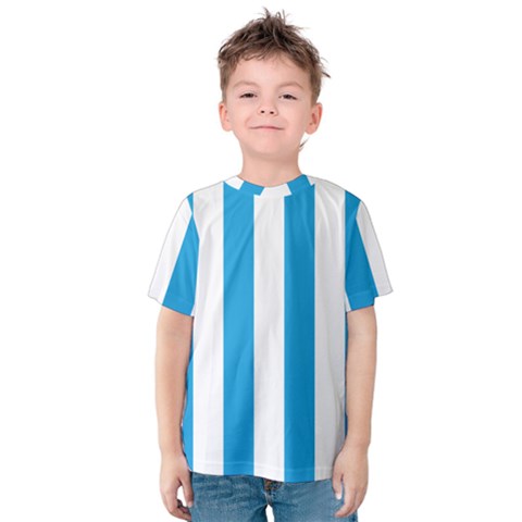 Oktoberfest Bavarian Blue And White Large Cabana Stripes Kids  Cotton Tee by PodArtist