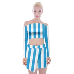 Oktoberfest Bavarian Blue And White Large Cabana Stripes Off Shoulder Top With Mini Skirt Set by PodArtist