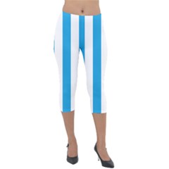 Oktoberfest Bavarian Blue And White Large Cabana Stripes Lightweight Velour Capri Leggings  by PodArtist