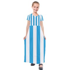 Oktoberfest Bavarian Blue And White Large Cabana Stripes Kids  Short Sleeve Maxi Dress by PodArtist