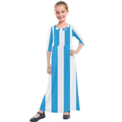 Oktoberfest Bavarian Blue And White Large Cabana Stripes Kids  Quarter Sleeve Maxi Dress by PodArtist