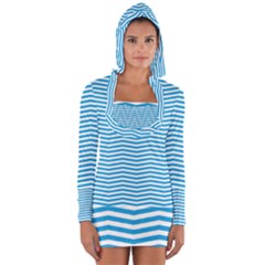 Oktoberfest Bavarian Blue And White Chevron Stripes Long Sleeve Hooded T-shirt by PodArtist