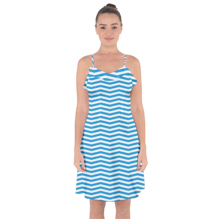 Oktoberfest Bavarian Blue and White Chevron Stripes Ruffle Detail Chiffon Dress