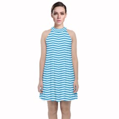 Oktoberfest Bavarian Blue And White Chevron Stripes Velvet Halter Neckline Dress  by PodArtist