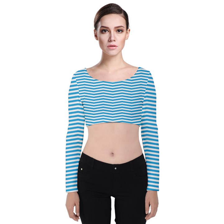 Oktoberfest Bavarian Blue and White Chevron Stripes Velvet Long Sleeve Crop Top