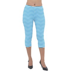 Oktoberfest Bavarian Blue And White Chevron Stripes Lightweight Velour Capri Leggings  by PodArtist